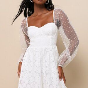 NWT Lulus Cue The Charisma White Lace Balloon Sleeve Bustier Mini Dress - Size L